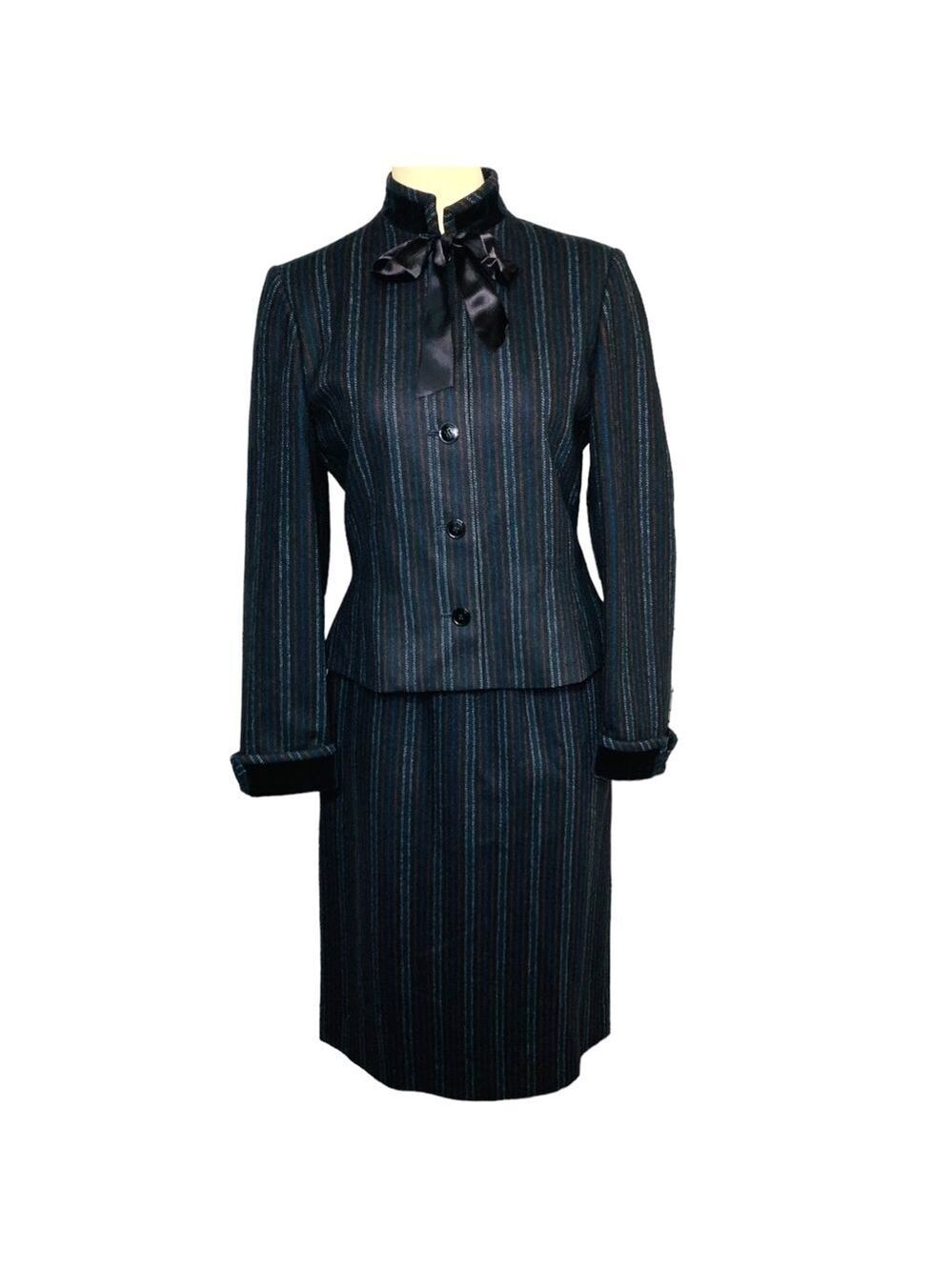 VTG Raffinati Blazer Skirt Outfit Sz 8 (Real Sz 2-4) Black Stripe Wool Blend Set